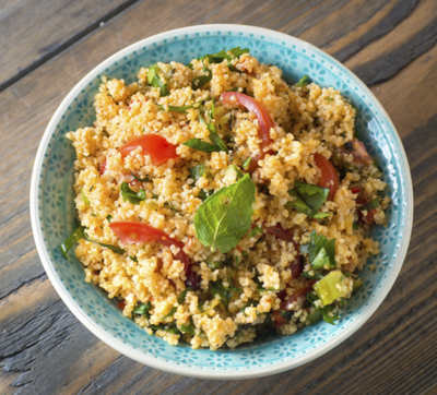 Fregola with Charred Onions and Roasted Cherry Tomatoes