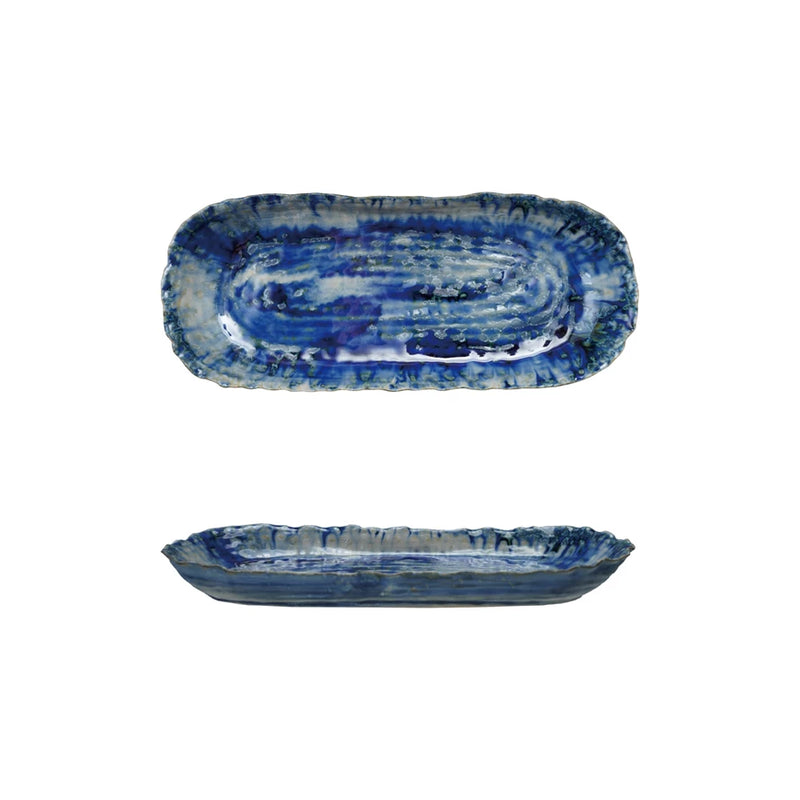 Stoneware Platter, Reactive Crackle Glaze, Blue